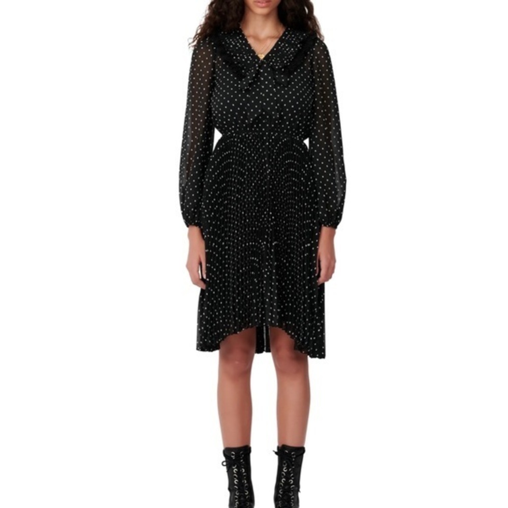 Maje Designer Dress Swiss-dot Georgette Ruffle Accordion Pleated New w Tags
